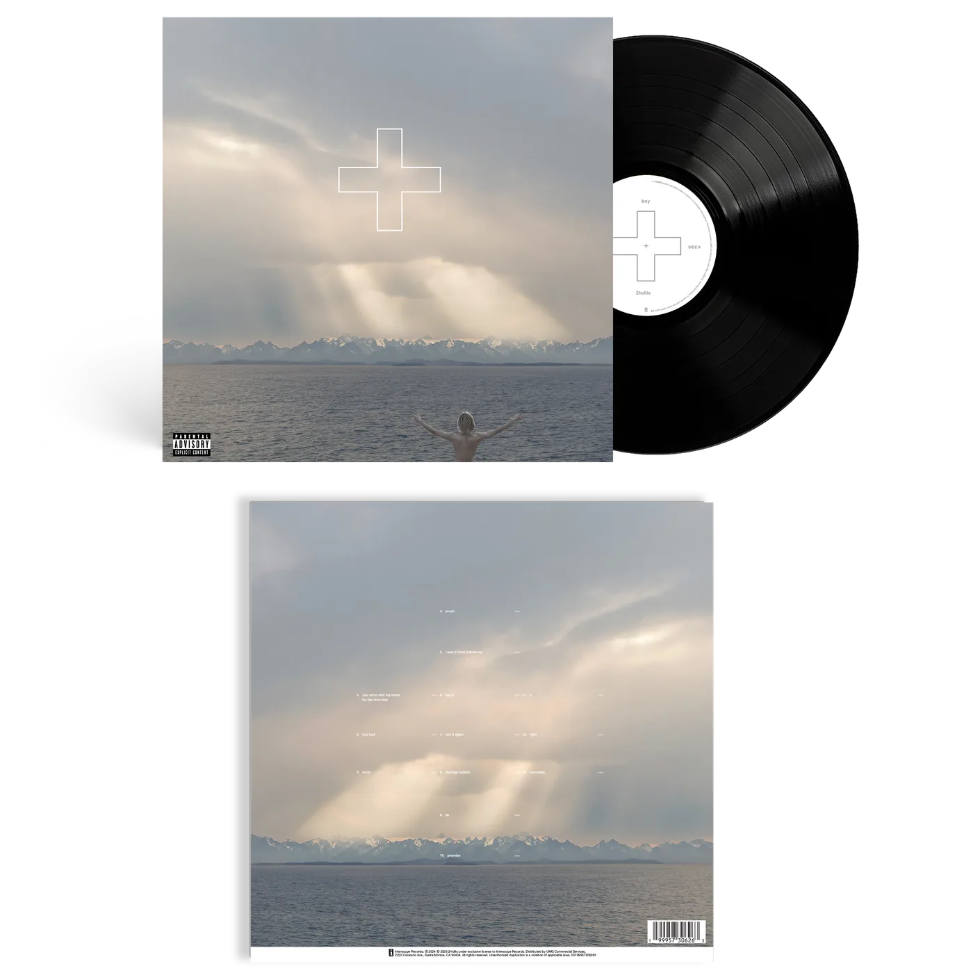 boy (2024) on vinyl: a figure with raised arms before a sea, sun breaking through clouds under a white outlined cross