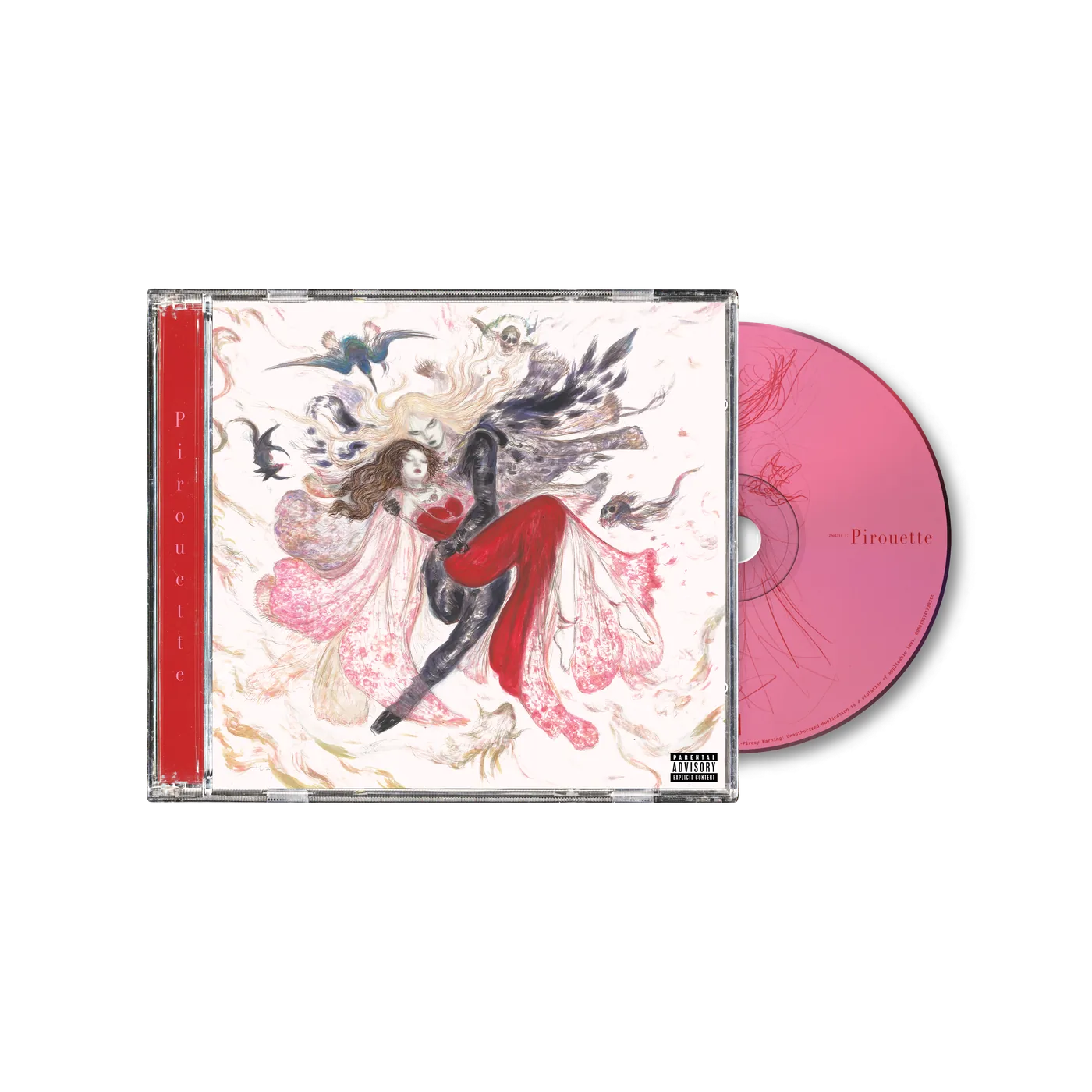 PIROUETTE CD in a clear jewel case with a red spine and a pink disc