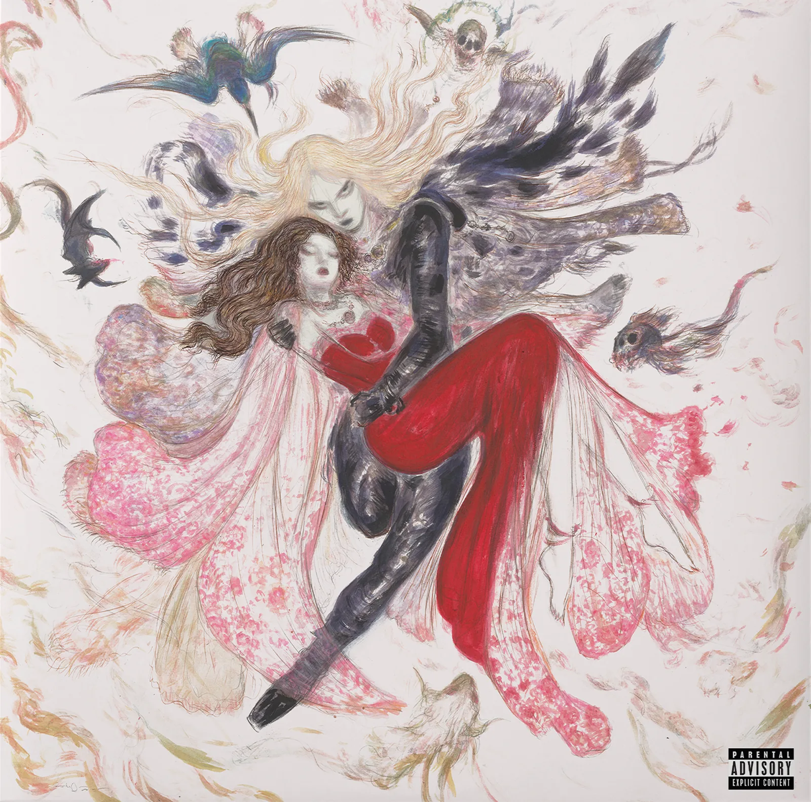 The PIROUETTE cover by Yoshitaka Amano: a swooning woman in a red dress carried by a pale, black-clad figure, wrapped in pink florals, black feathers, birds and swirling blond hair