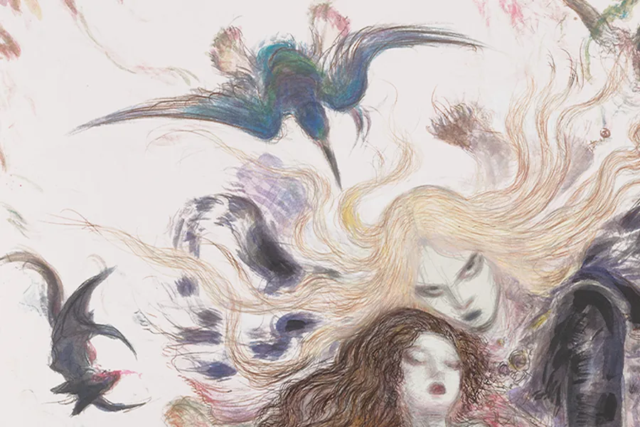 Detail of the cover: an iridescent blue bird dives through long strands of blond hair above a pale masked face