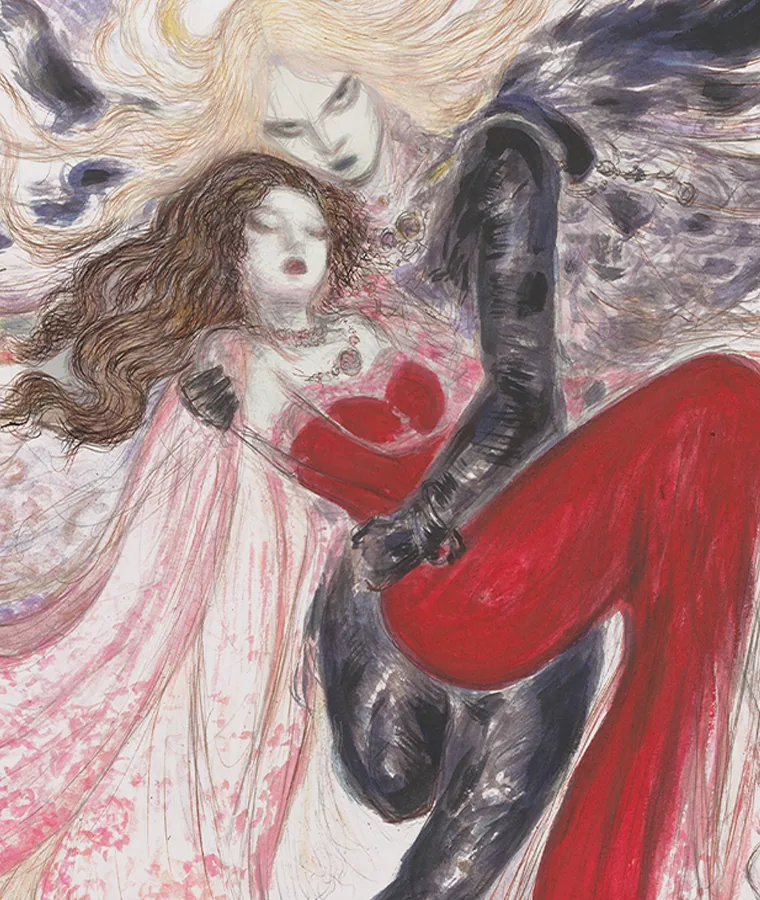 Detail of the cover: the woman's closed eyes and parted red lips, her dark hair falling over a gloved black arm