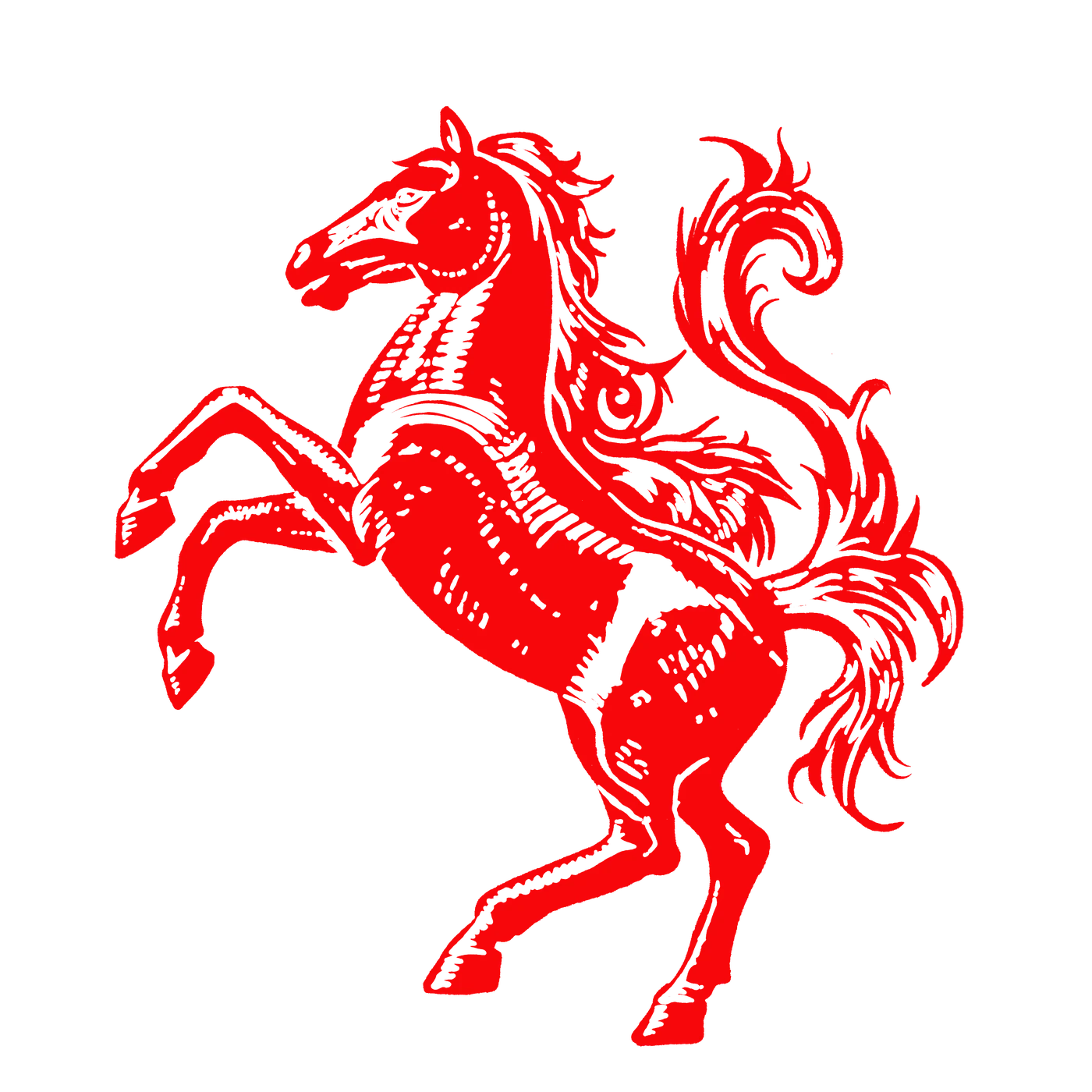 The 2hollis emblem: a rearing red horse drawn like a heraldic engraving