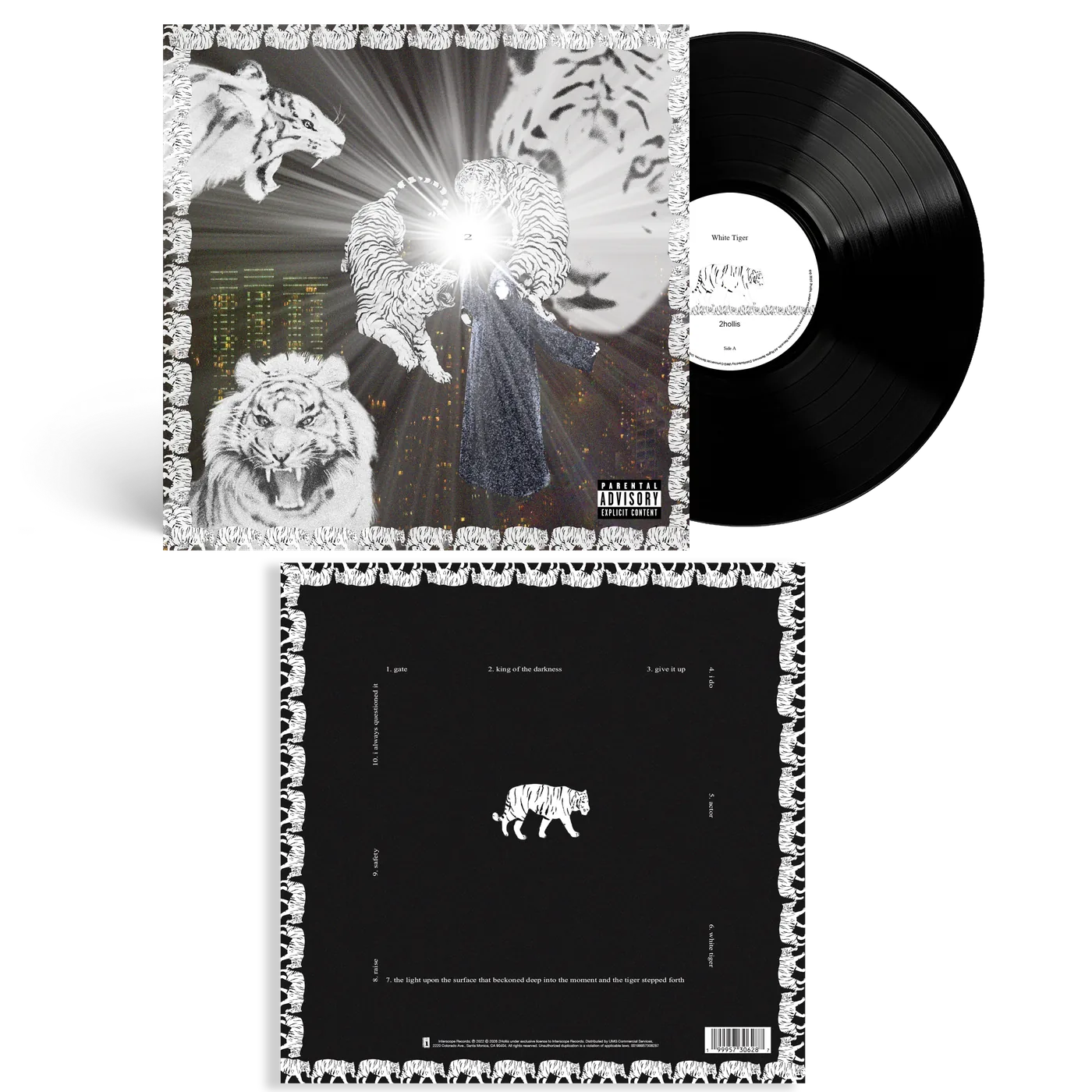 White Tiger (2022) on vinyl: a black-and-white collage of roaring white tigers around a burst of light, framed in tiger stripes